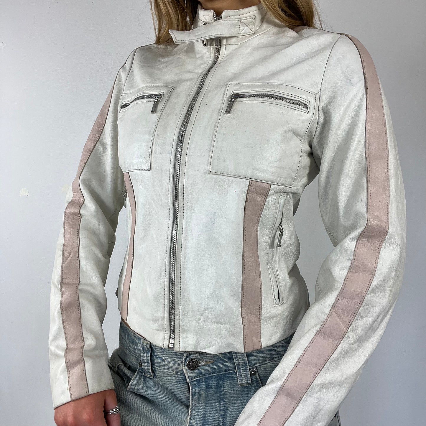 90s vintage white pink real leather racing jacket - Size S/M