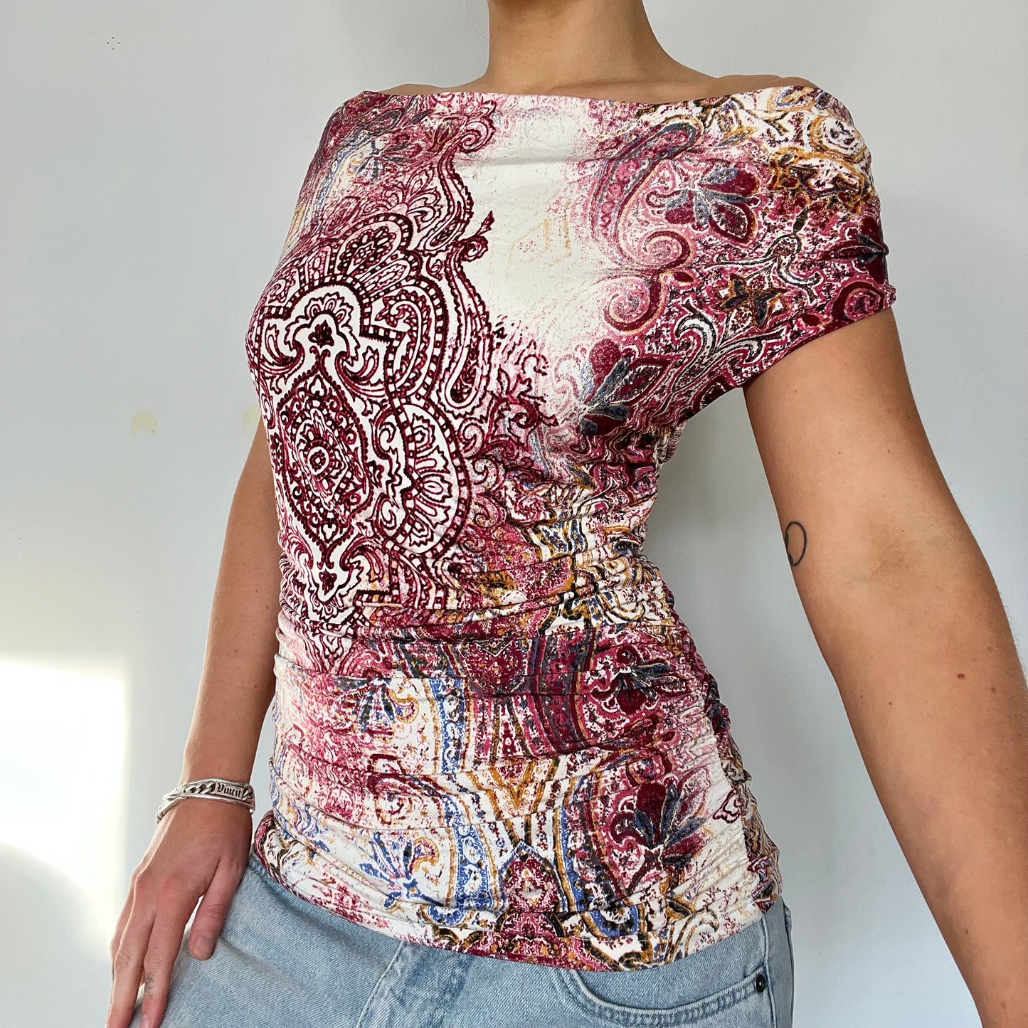 Y2K vintage paisley stretch off the shoulder top - Size S