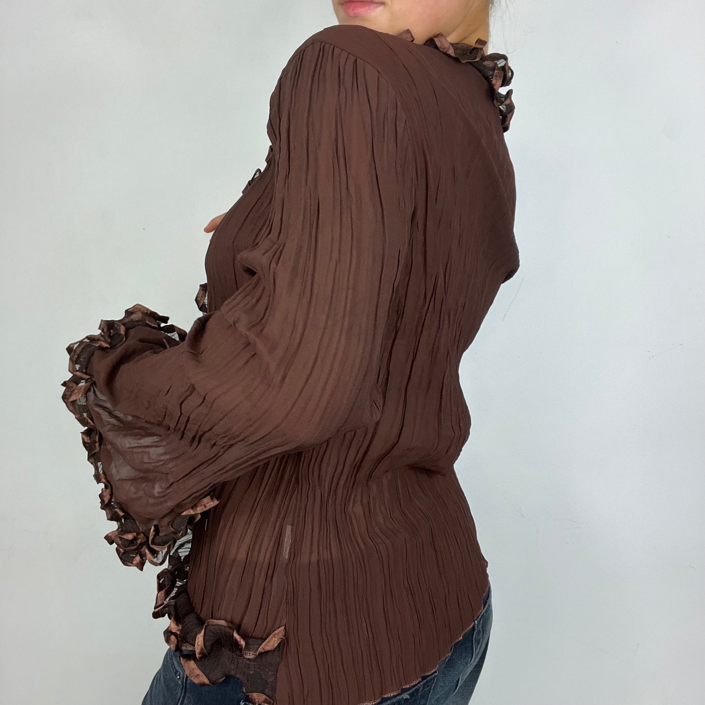 Brown Mesh Lettuce Hem Tie Up Flare Top (S)