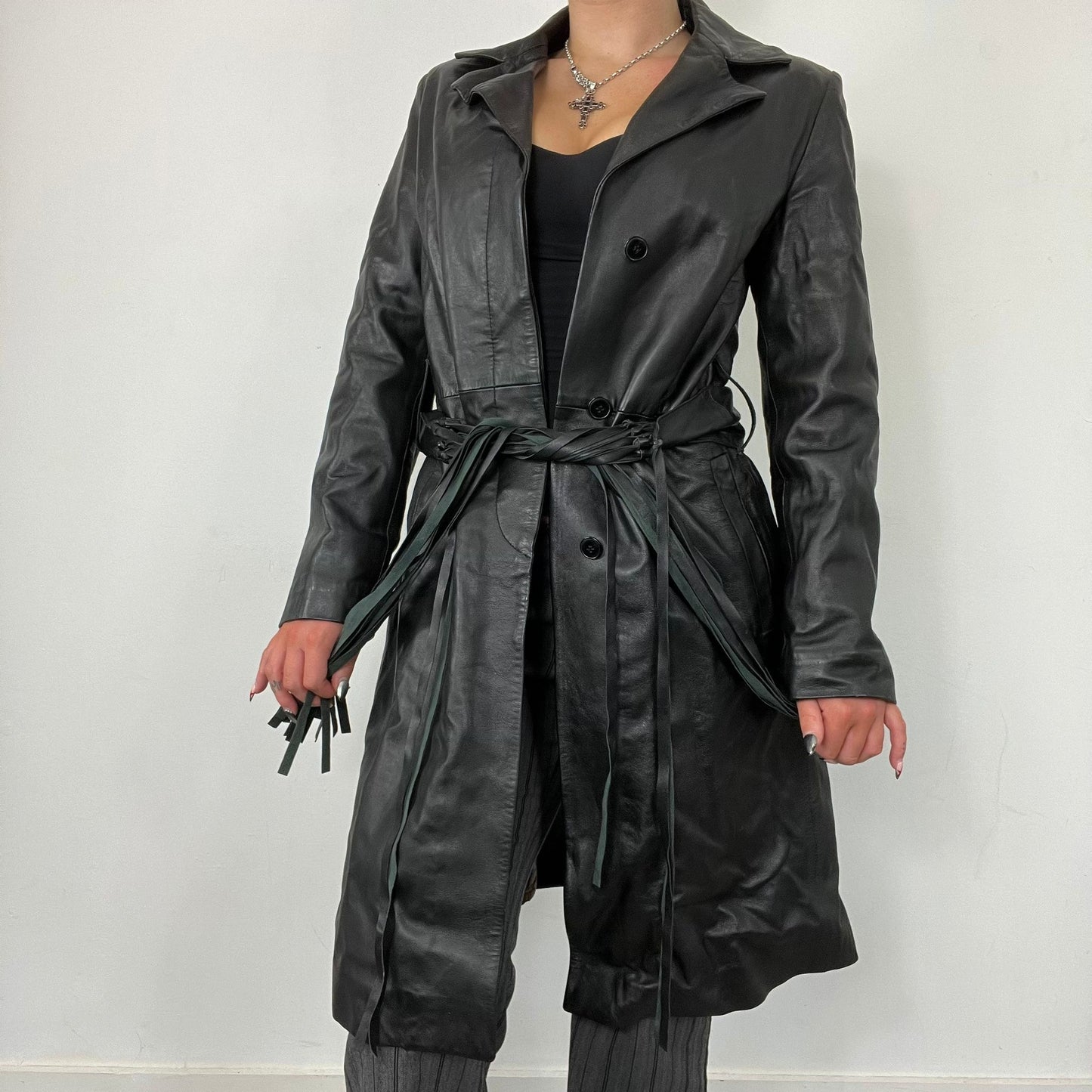 Leather Longline Tassel Trench Coat (M)