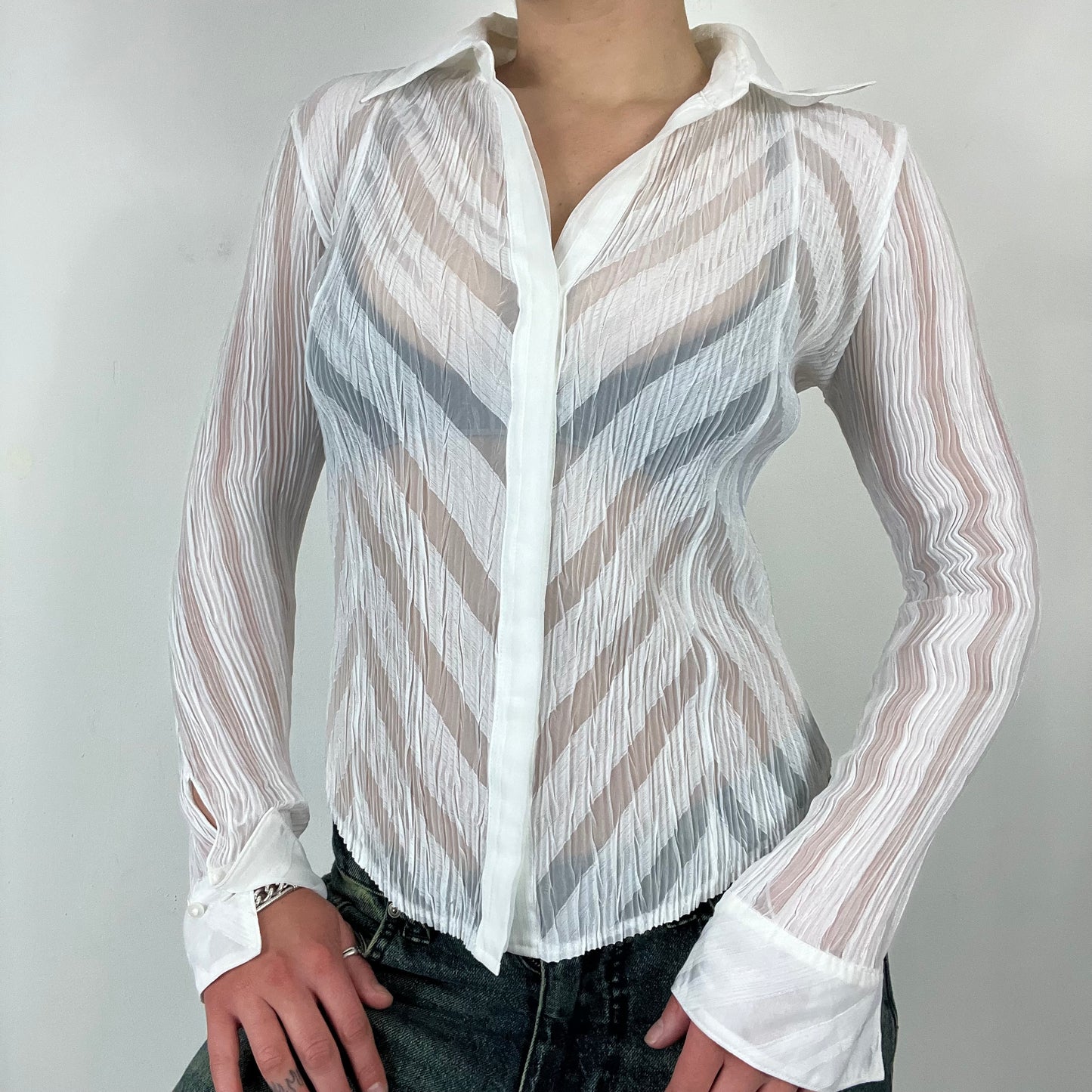 90s white mesh striped shirt - Size Small