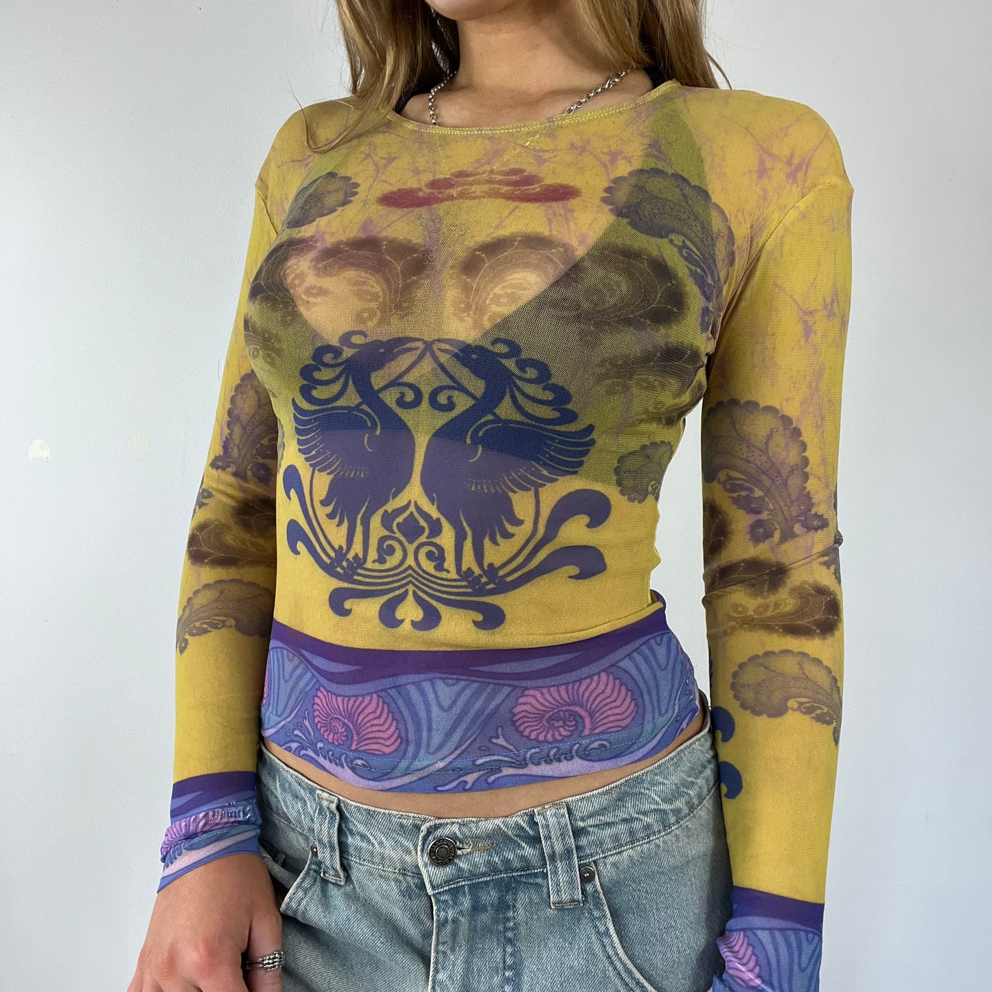 90s graphic mesh long sleeve top - Size S