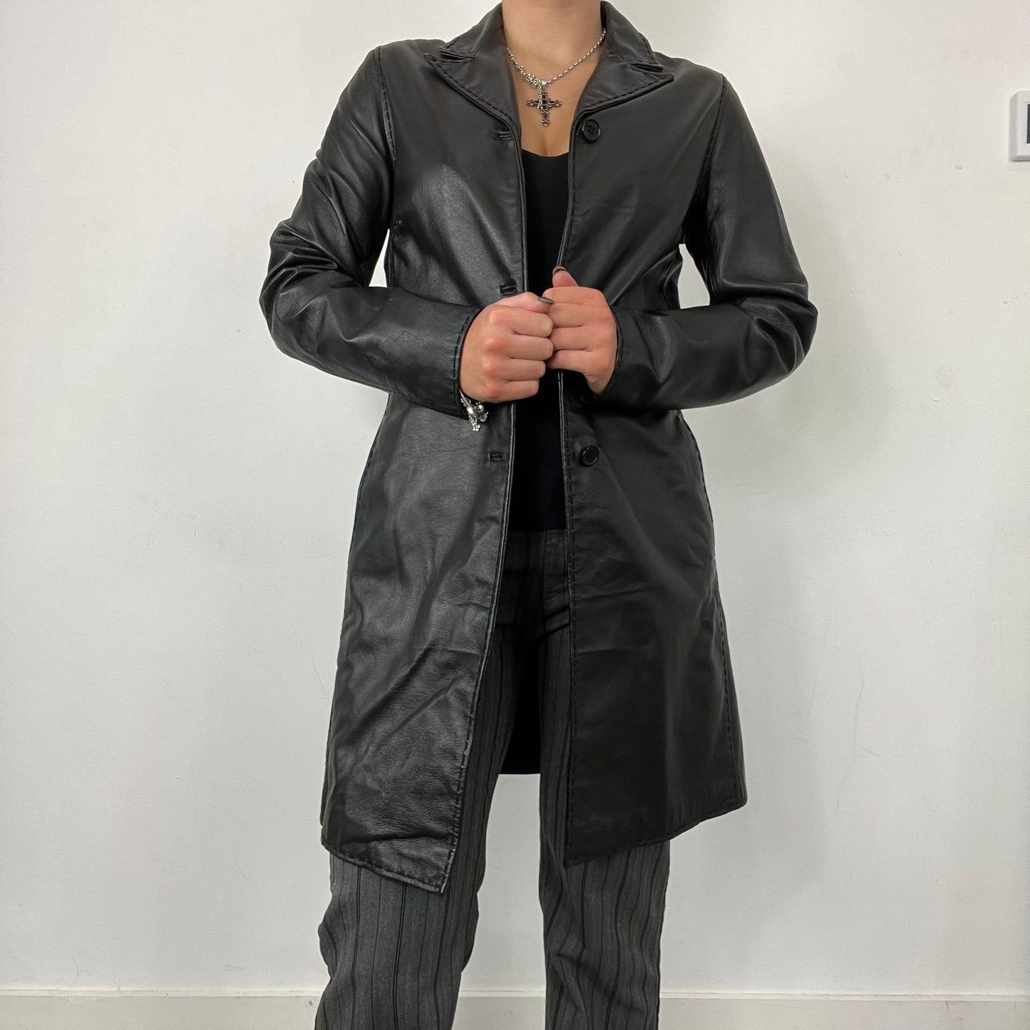 Black Leather Trench Coat (M)