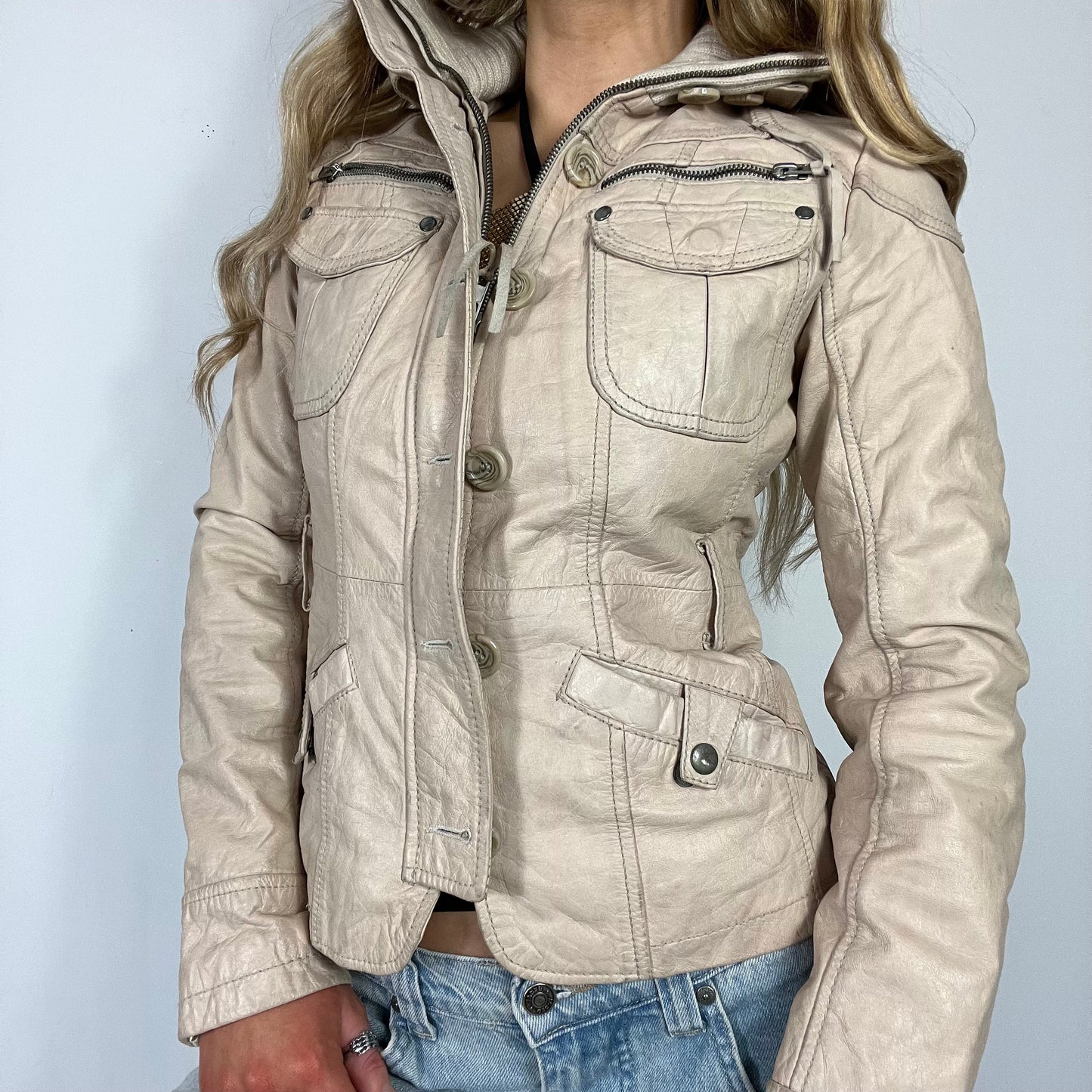 00s vintage real leather cargo jacket - Size S