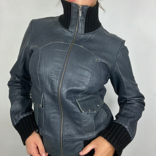 Y2K High Neck Leather Jacket