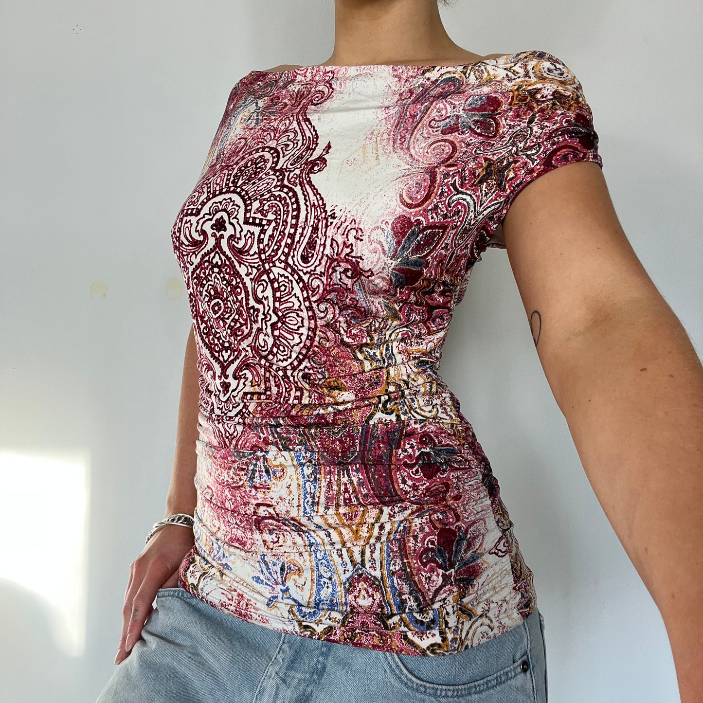Y2K vintage paisley stretch off the shoulder top - Size S
