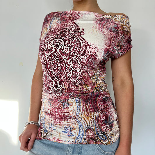 Y2K vintage paisley stretch off the shoulder top - Size S