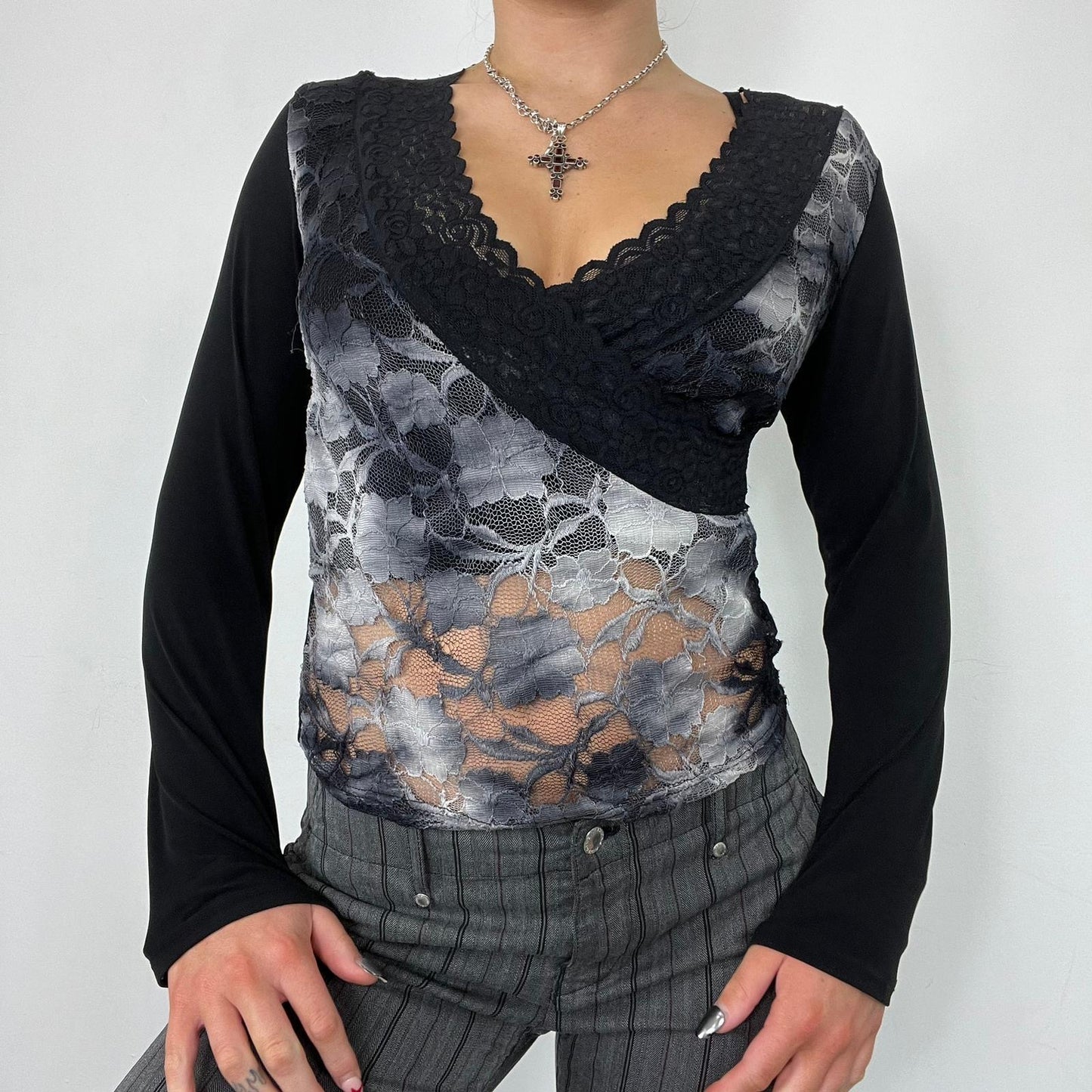 Black Long Sleeve Wrap Lace Top (S)