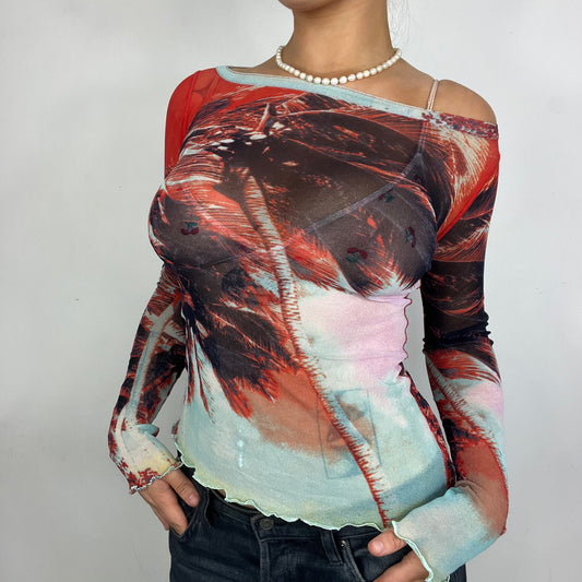 Long Sleeve Jean Paul Gaultier Graphic Lettuce Hem Mesh Top