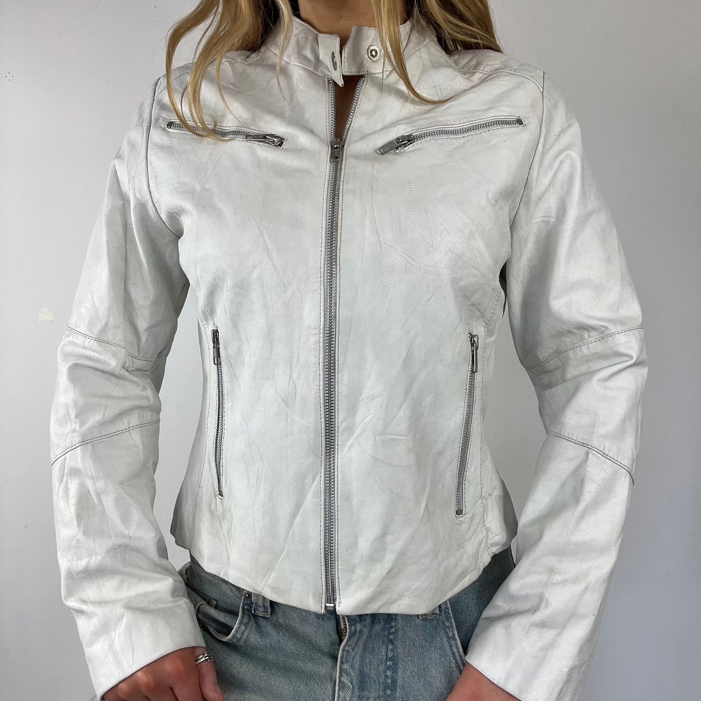 90s real leather white moto jacket - Size M