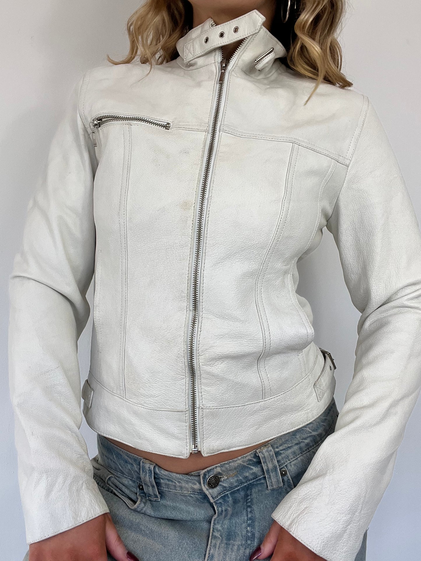 90s white leather moto jacket - Size S