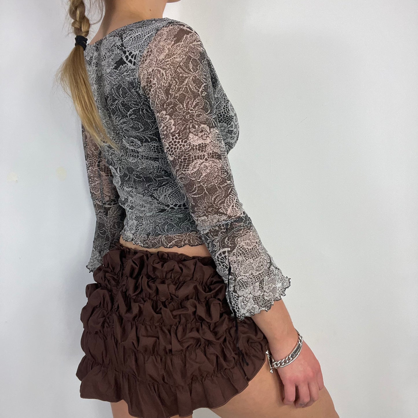 90s grey graphic mesh flare sleeve top - Size S