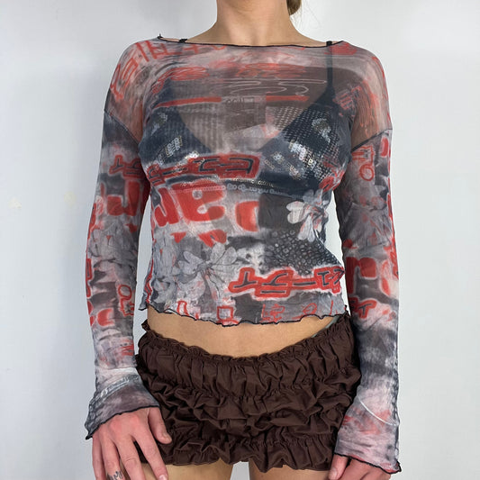 00s grey graphic mesh long sleeve top - Size S