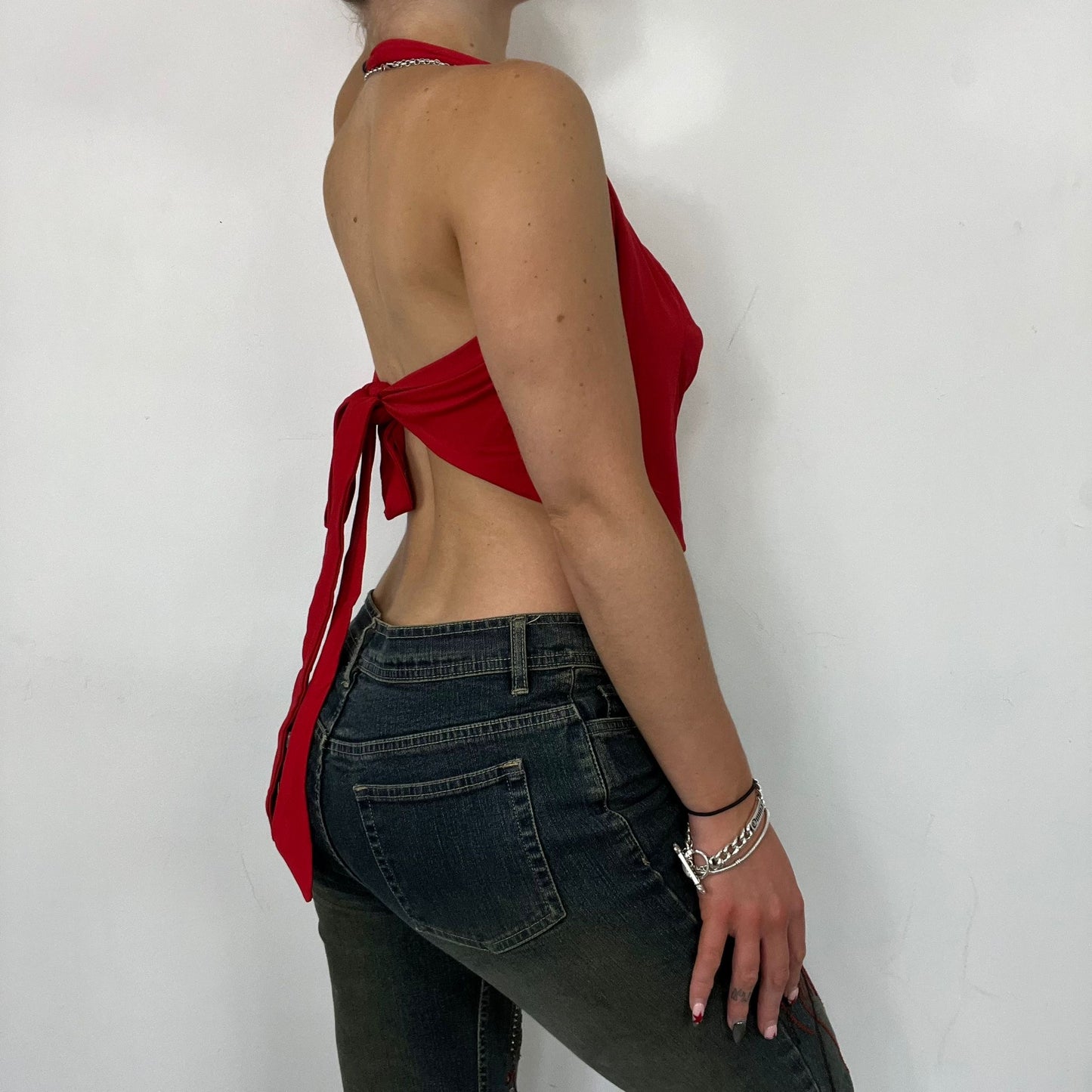 Red Slinky Plunge Halter Top (M/L)