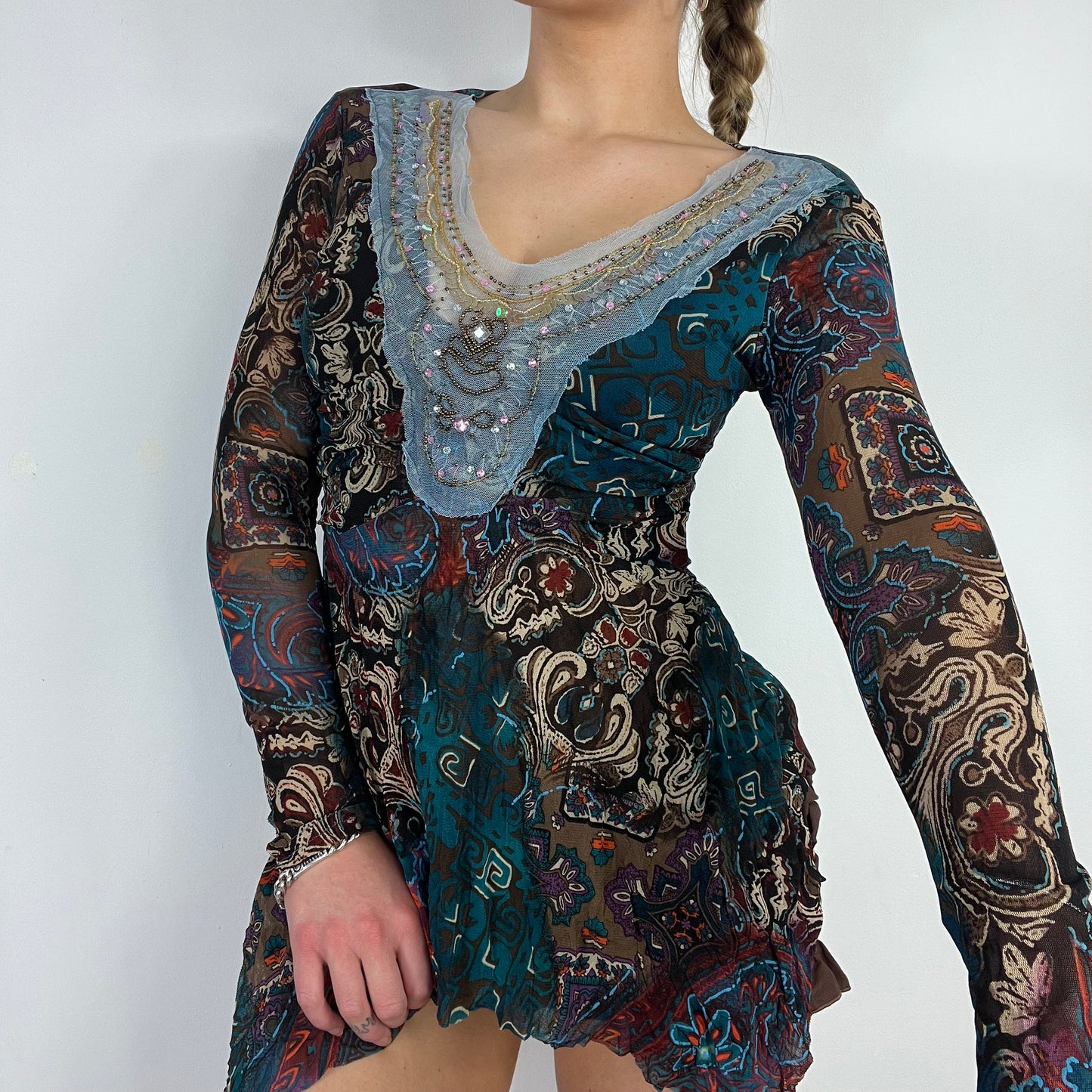 00s mesh graphic lace long sleeve top - Size S