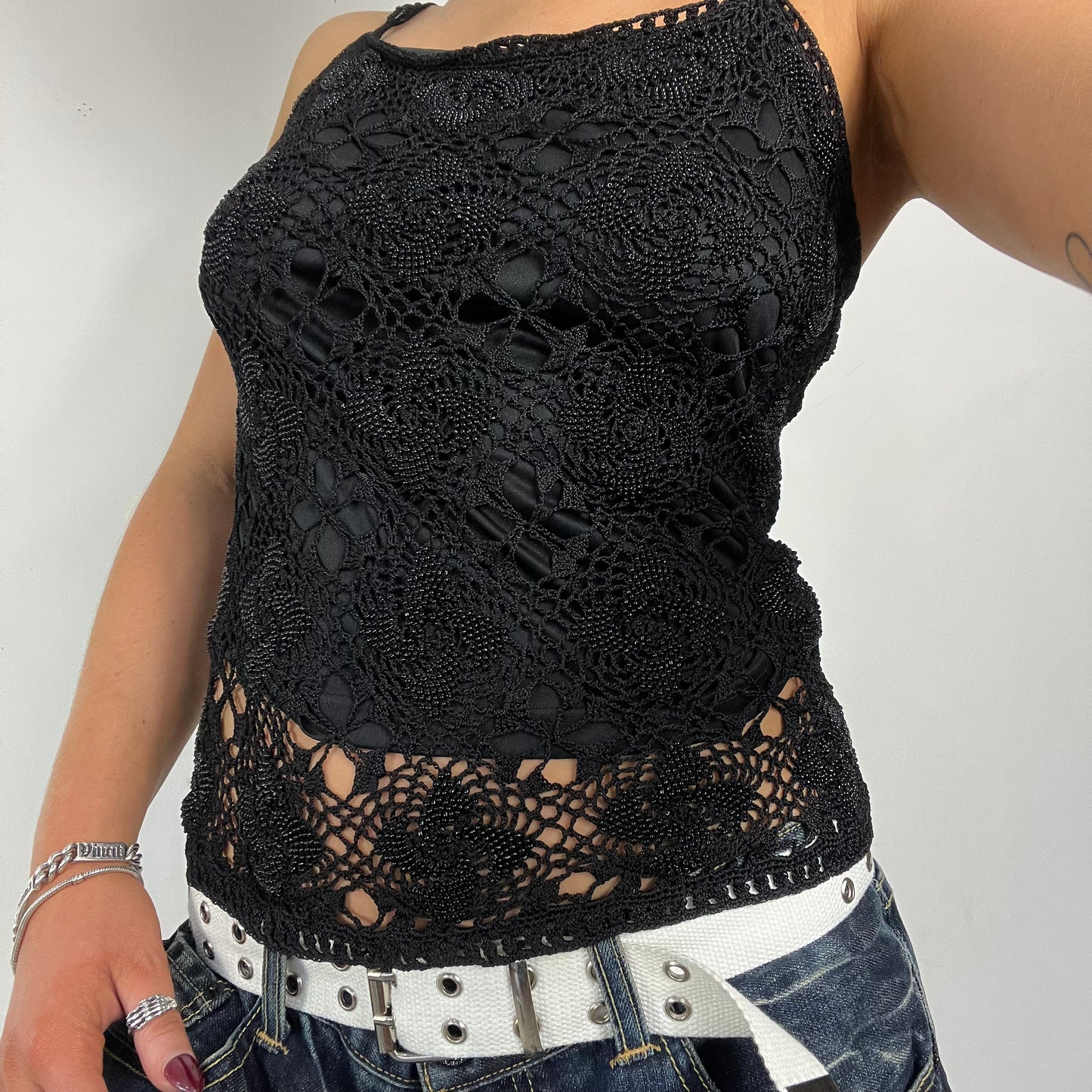 90s black crochet beaded cami top - Size S