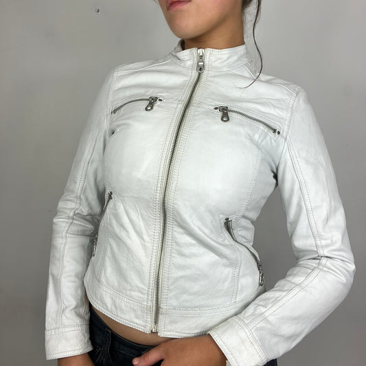 Y2K White Leather Zip Up Jacket (S)