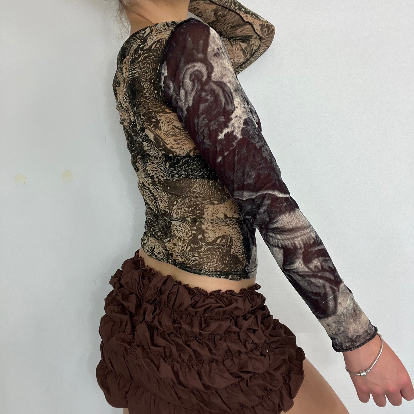 00s graphic print mesh long sleeve top - Size S