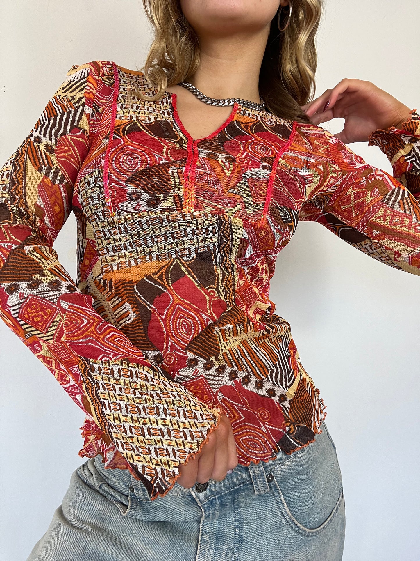 Graphic print mesh long sleeve top - Size S