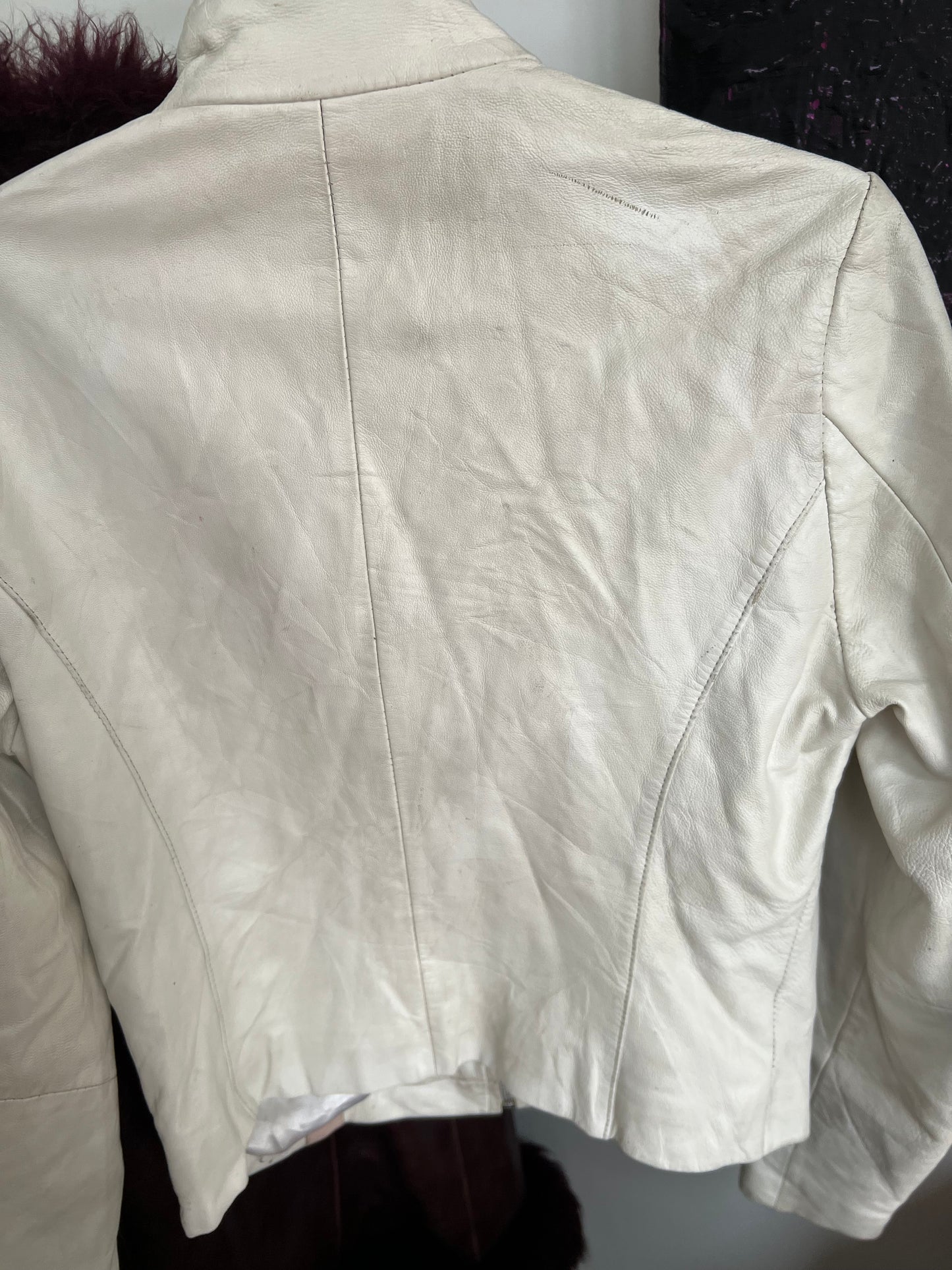 90s vintage white pink real leather racing jacket - Size S/M