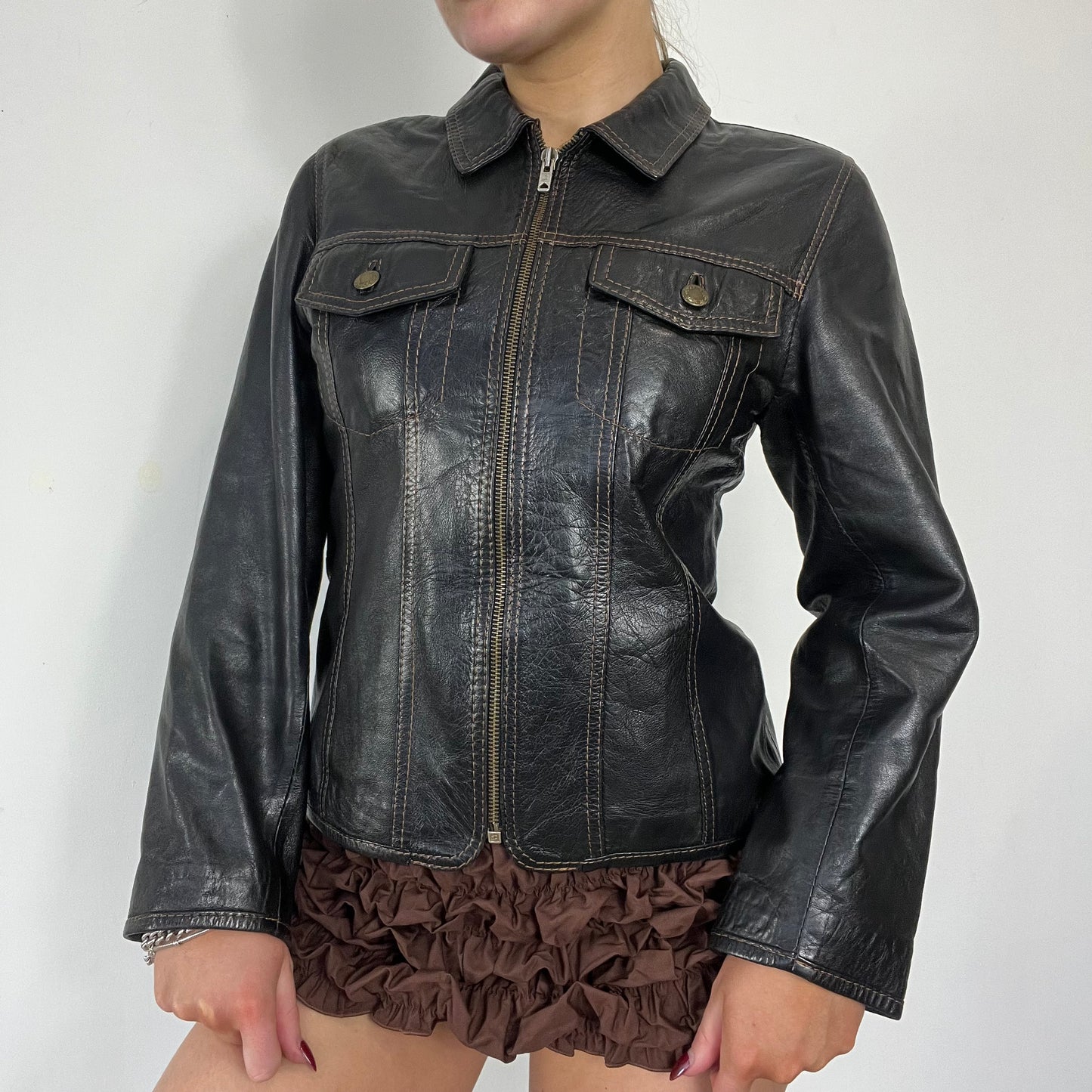 90s real leather zip up jacket - Size S/M