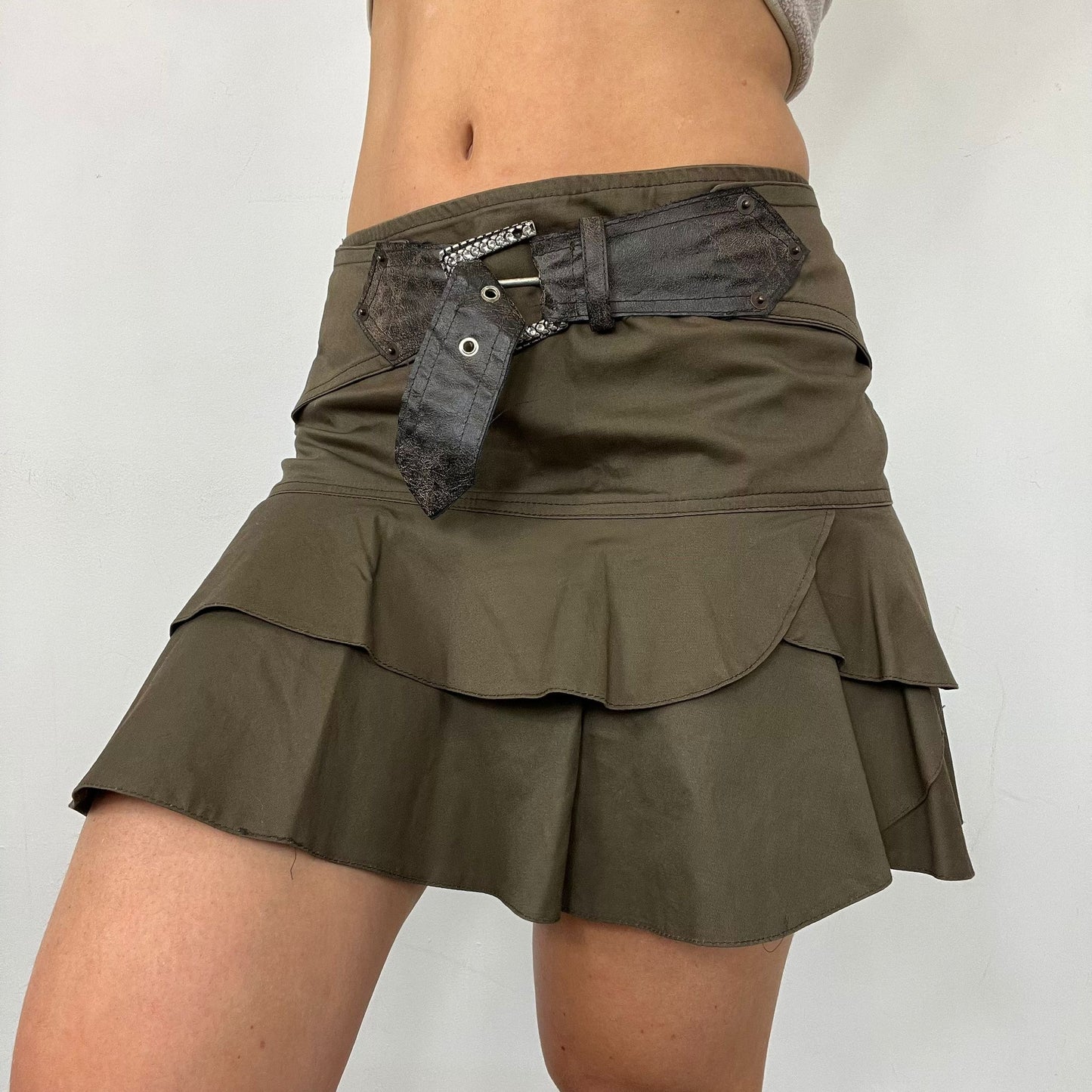 Y2K Belted Khaki Rara Mini Skirt (S)