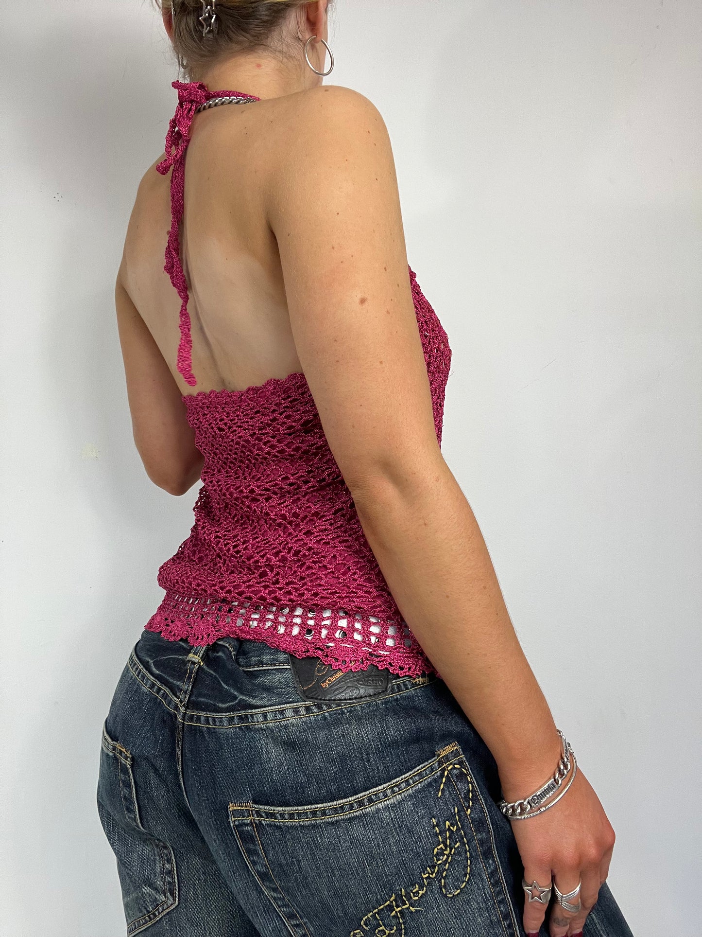 90s pink crochet sparkle halter top - Size S/M