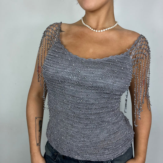 Grey Crochet Beaded Draped Top - M