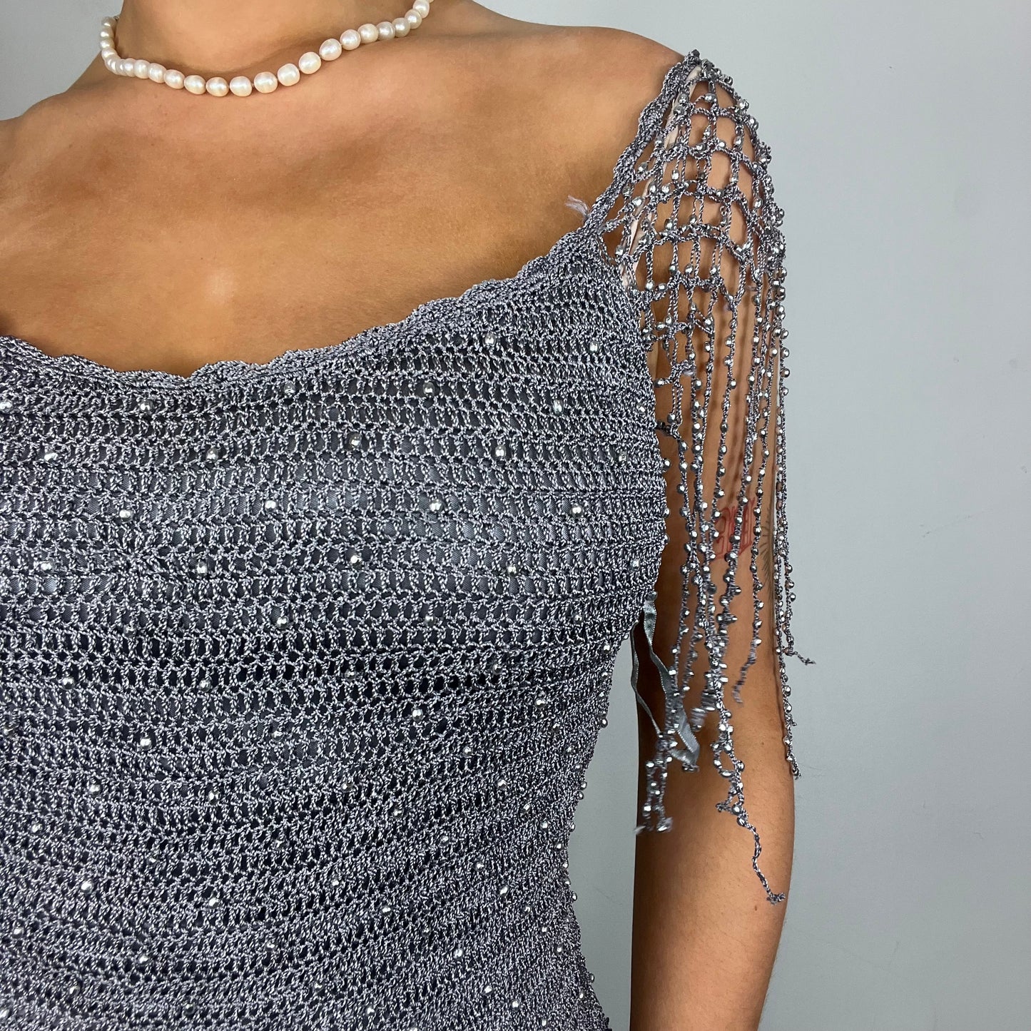 Grey Crochet Beaded Draped Top - M