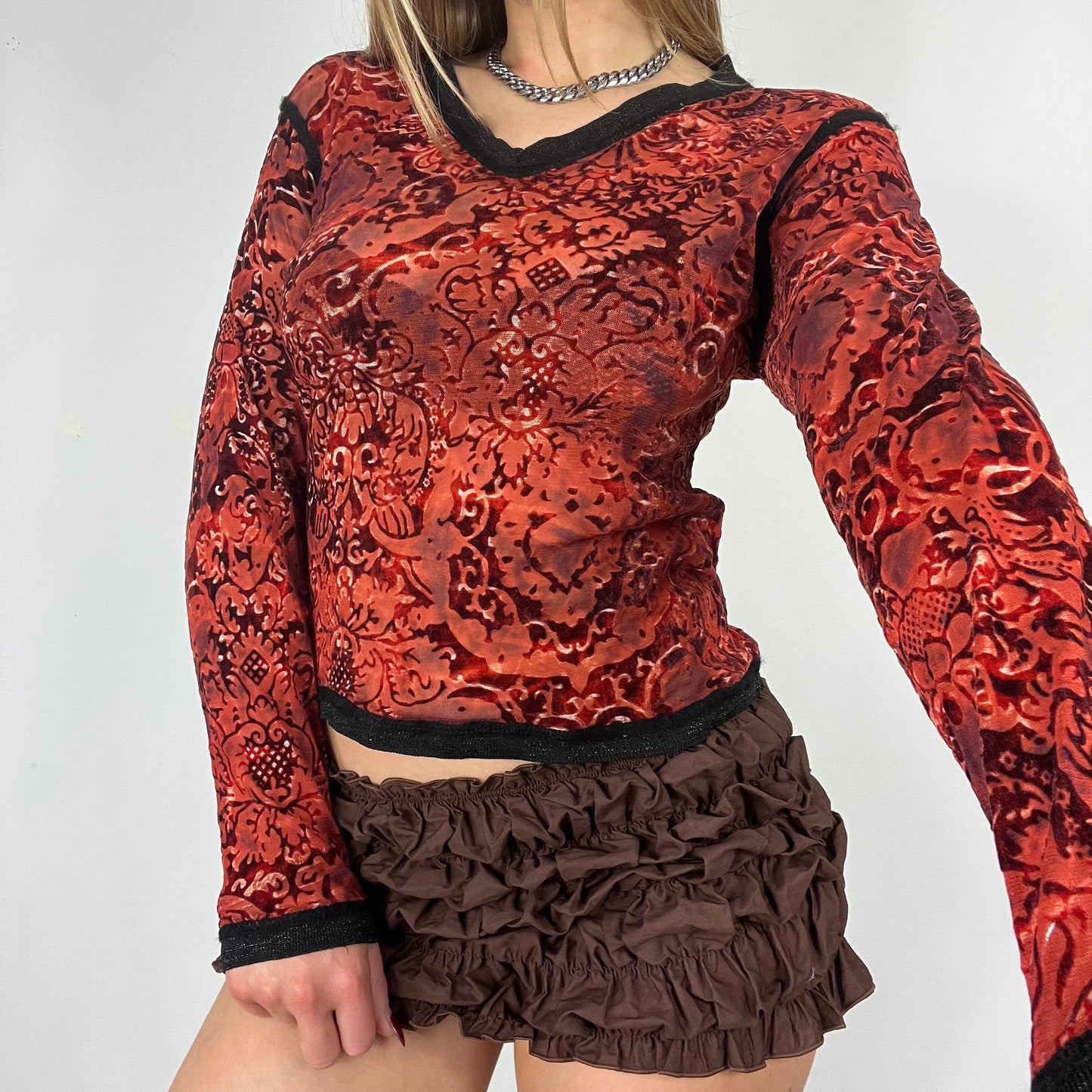 90s red black velvet mesh long sleeve top - Size S/M