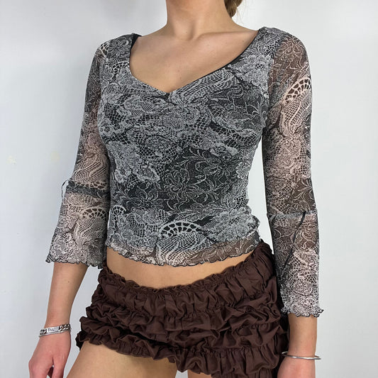 90s grey graphic mesh flare sleeve top - Size S