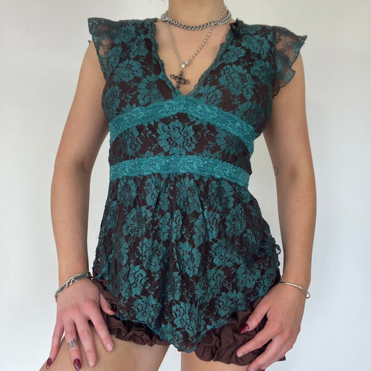 90s lace brown blue top - Size S/M