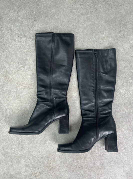 90s Vintage Leather Knee High Boots - Size UK 5