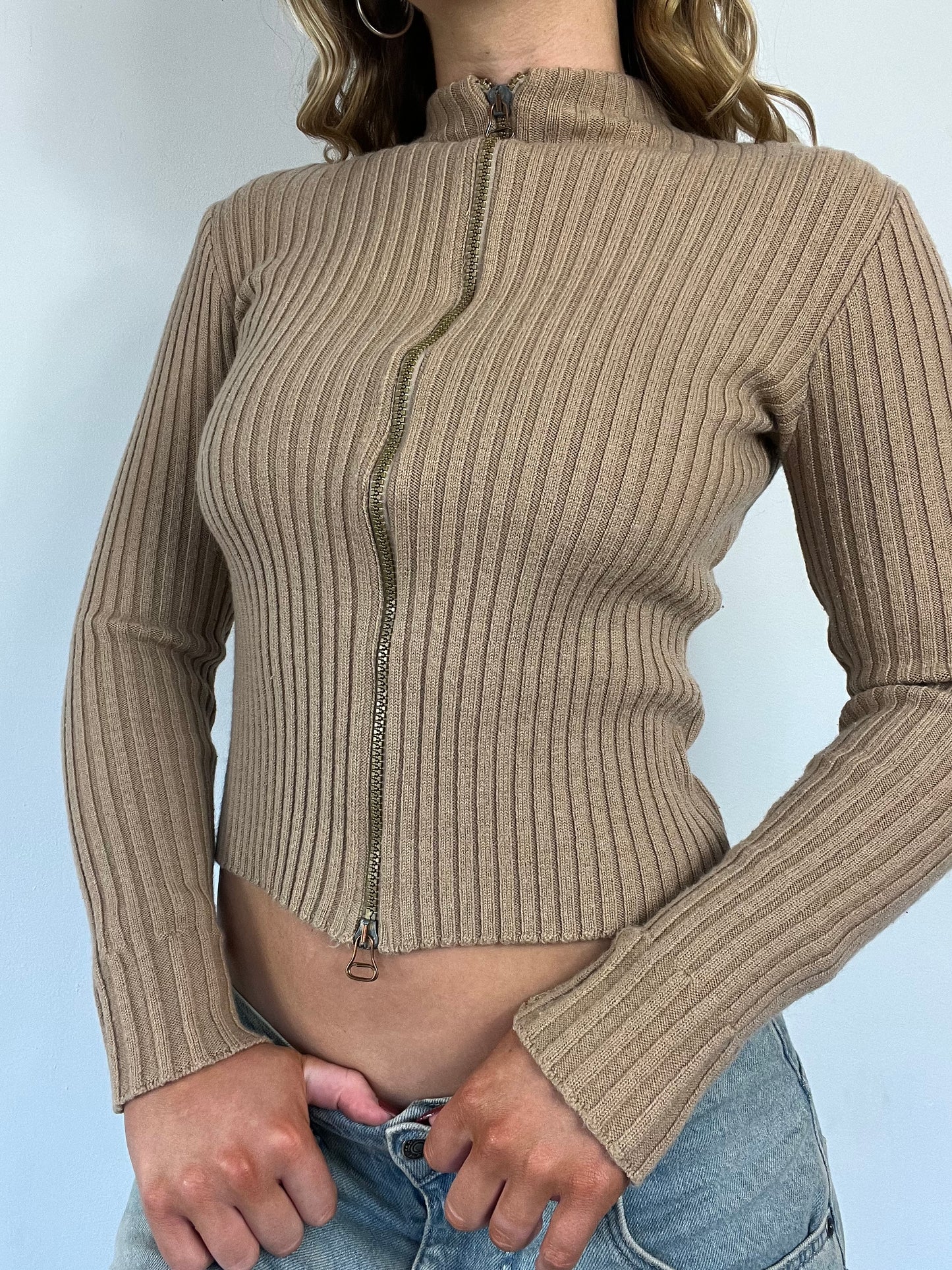 90s beige ribbed double zip up - Size S