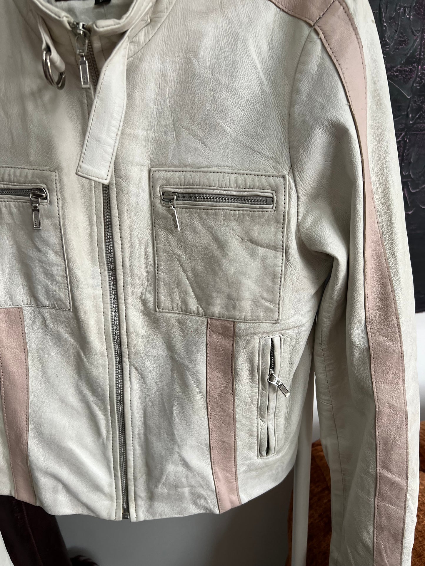 90s vintage white pink real leather racing jacket - Size S/M