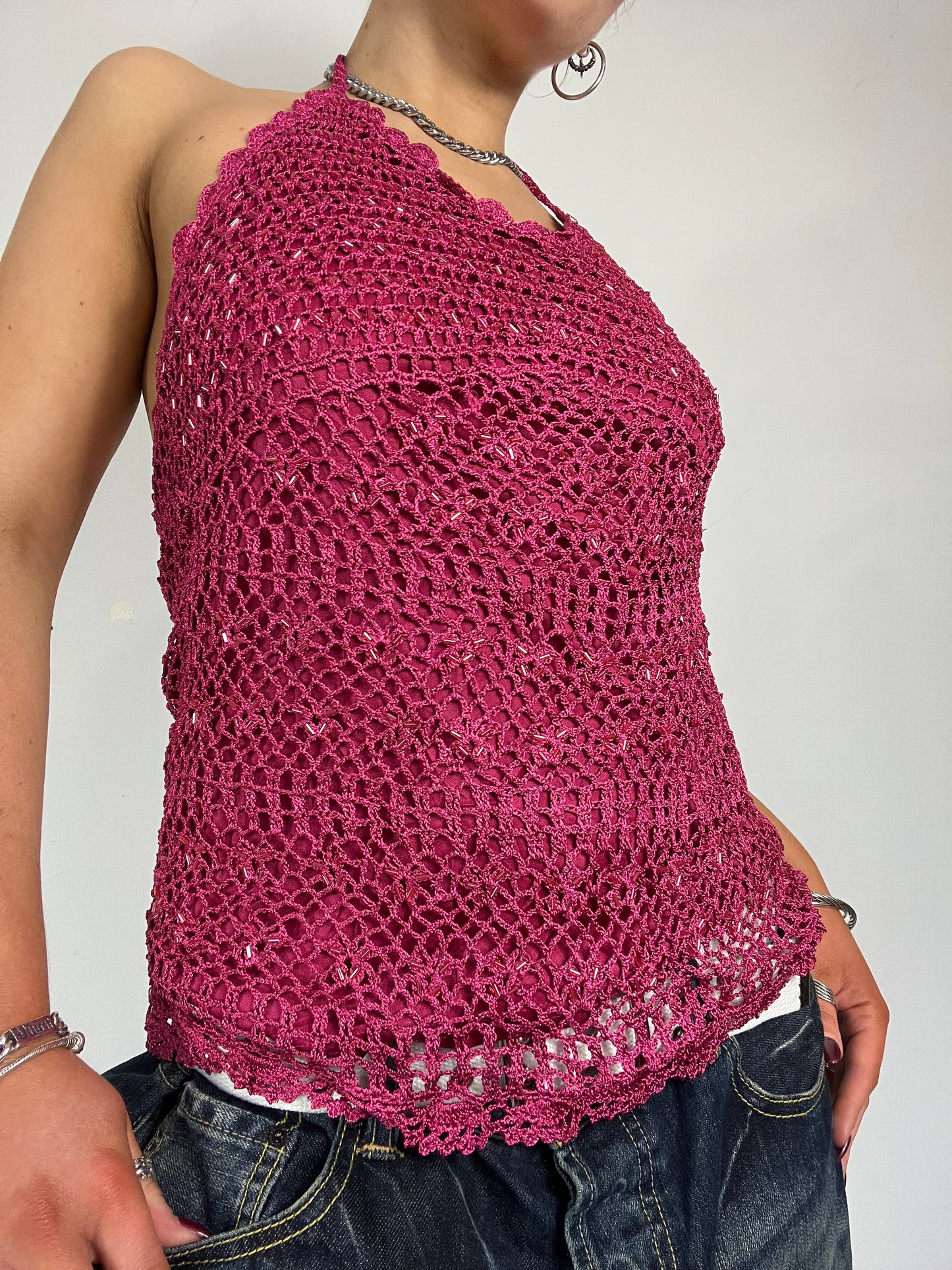 90s pink crochet sparkle halter top - Size S/M