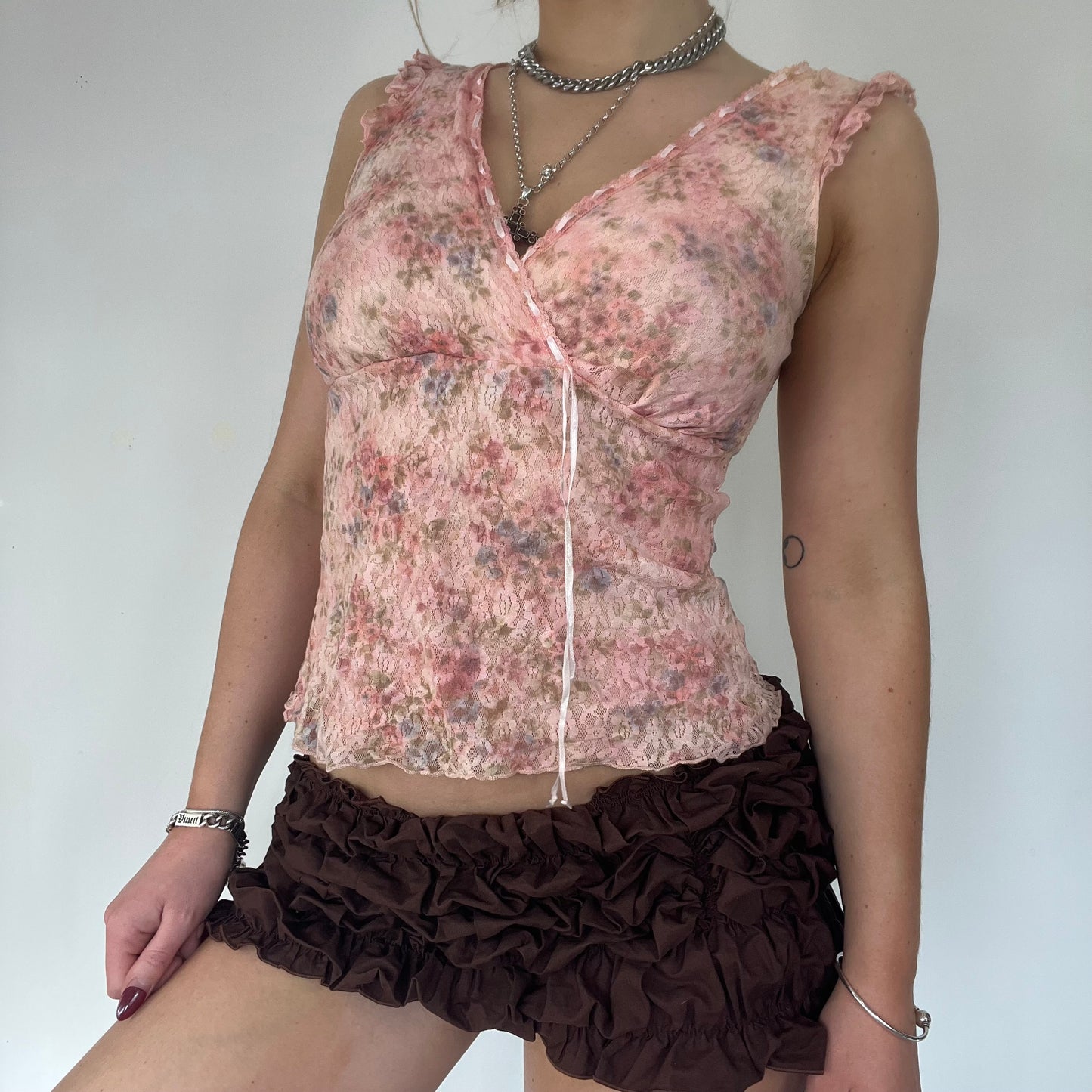 90s pink lace up top - Size S