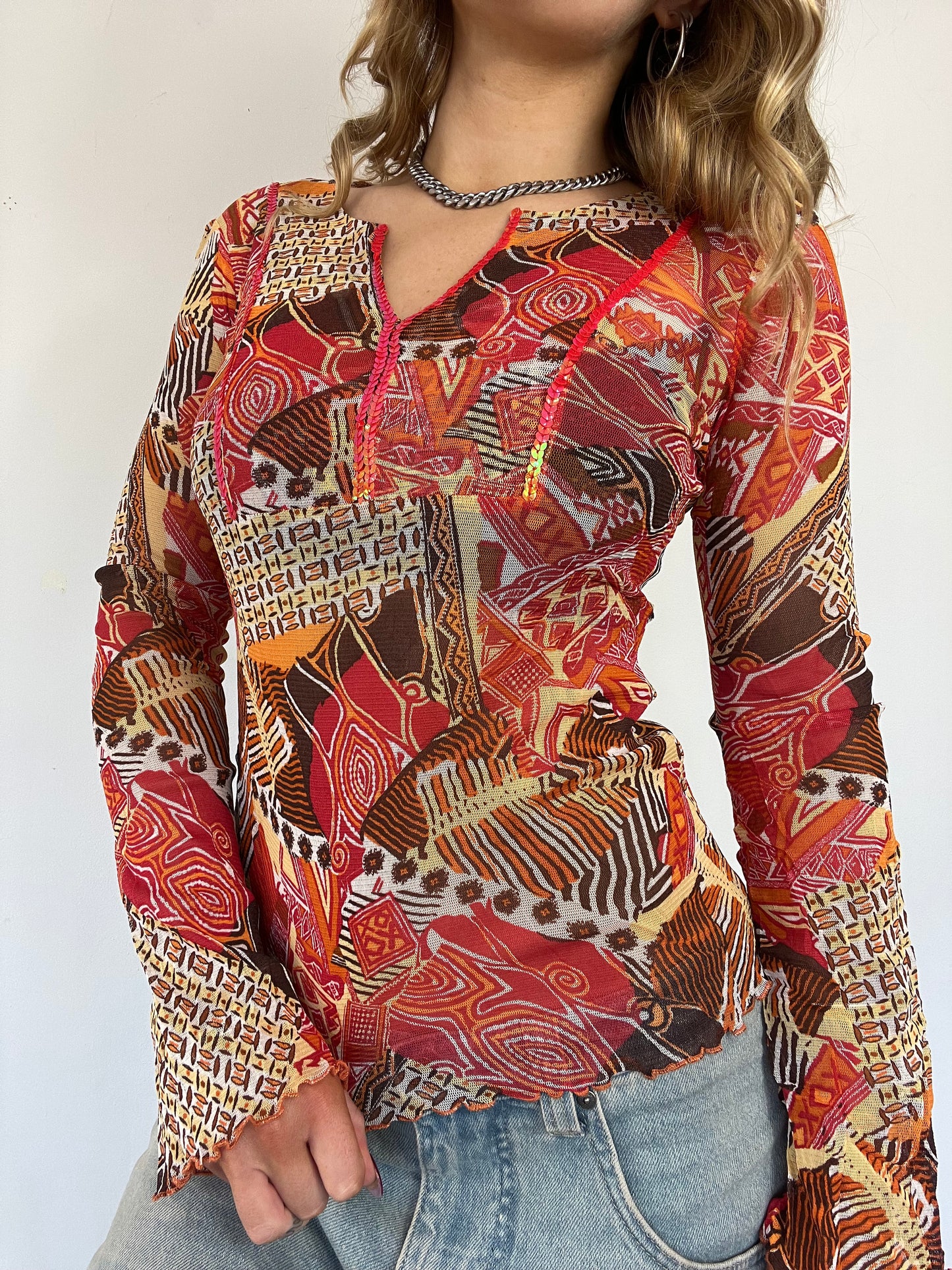 Graphic print mesh long sleeve top - Size S