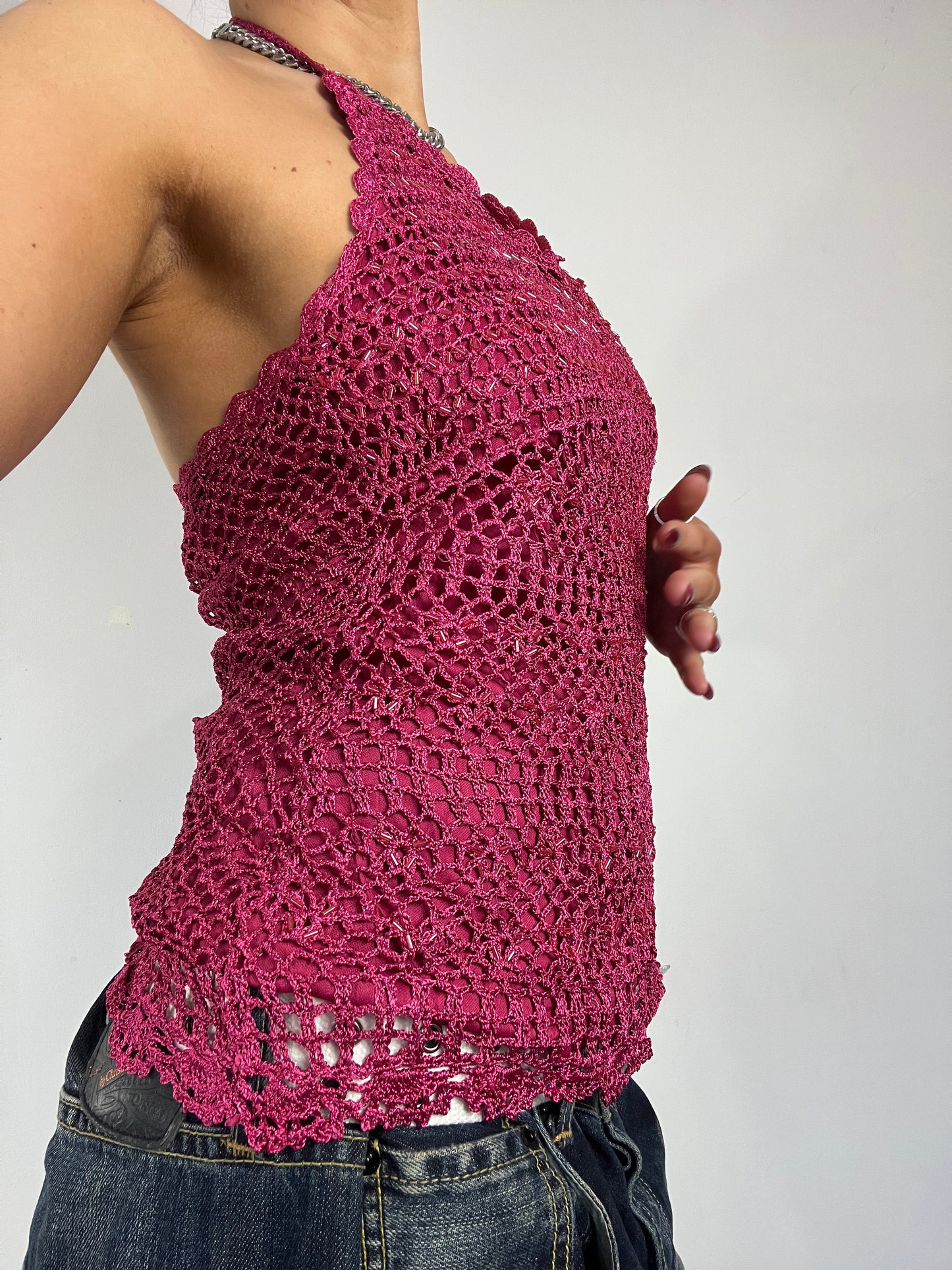 90s pink crochet sparkle halter top - Size S/M