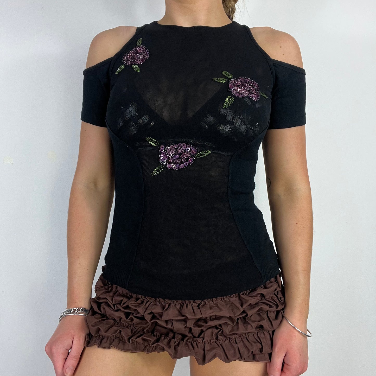 00s black knit mesh sequin top - Size S