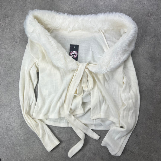 Knit wrap cardigan with fur trim