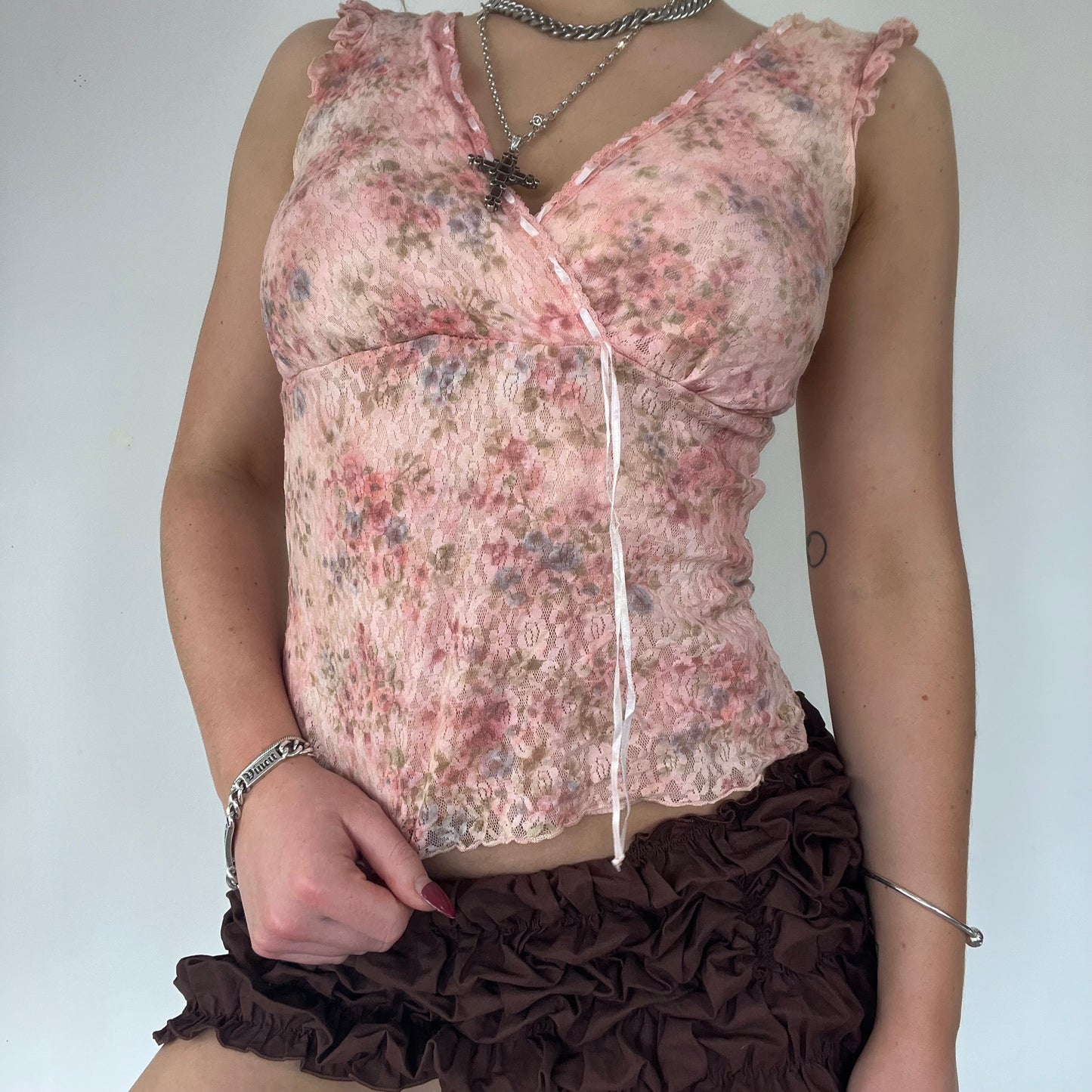 90s pink lace up top - Size S