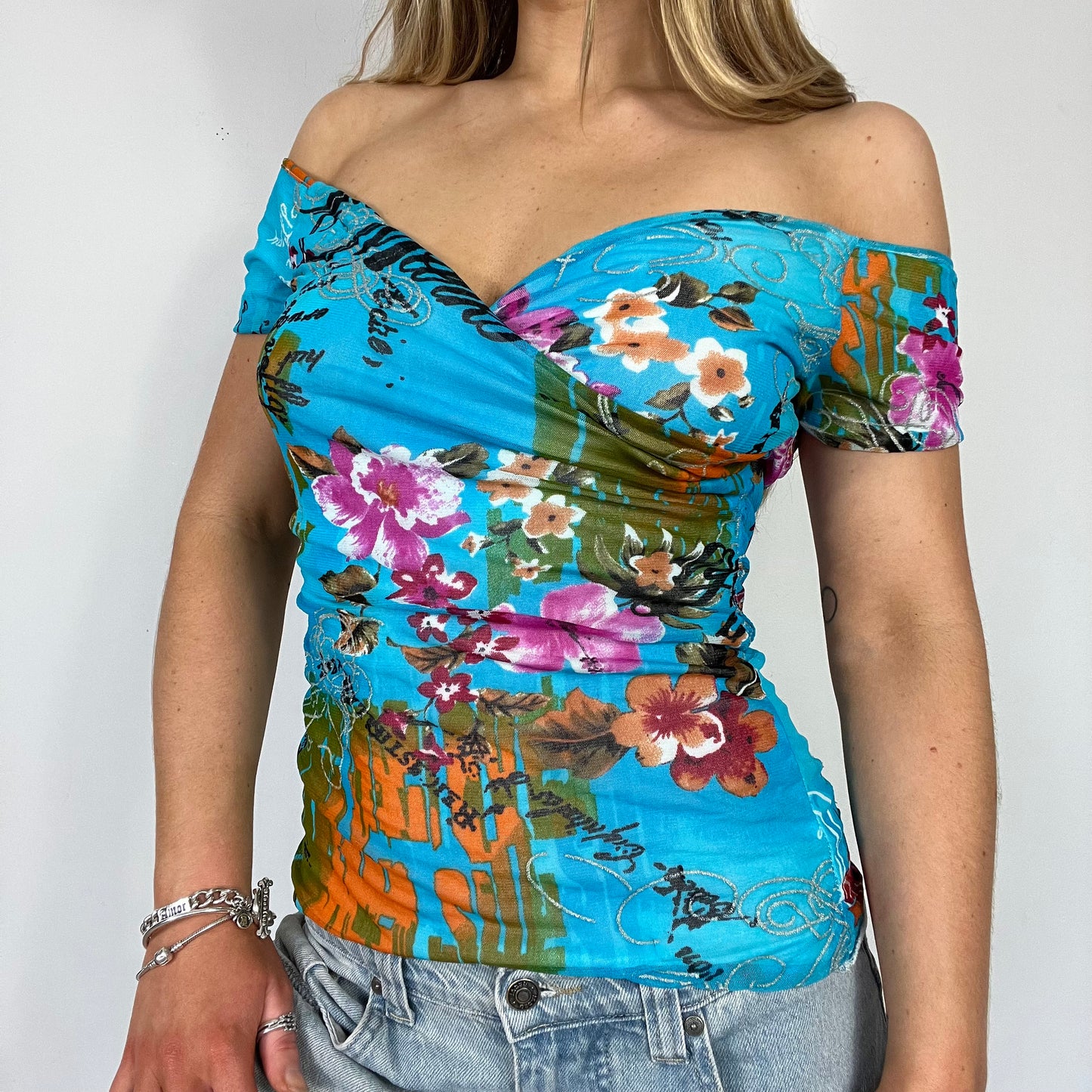 00s graphic print off shoulder top - Size S