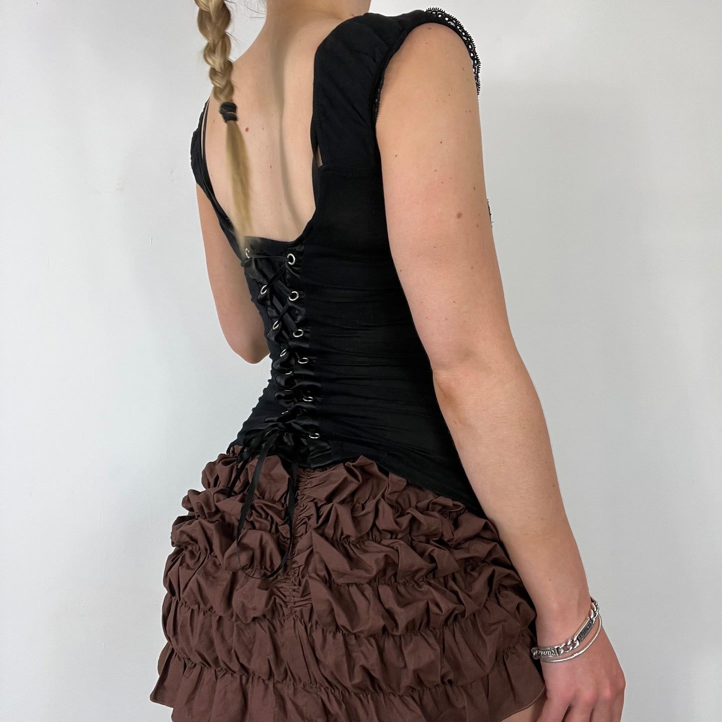 00s black ruched corset lace up back top