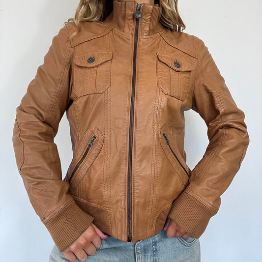 90s brown leather utility real leather jacket - Size M