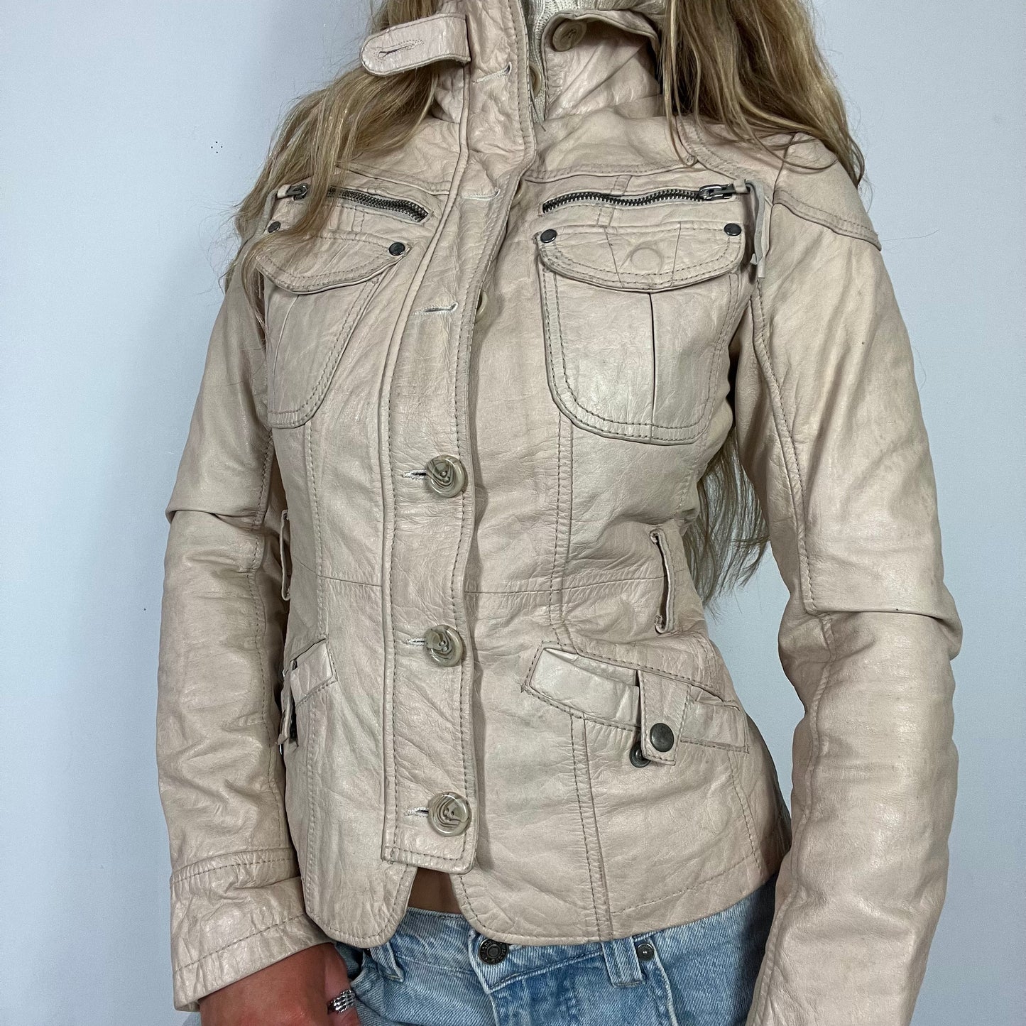 00s vintage real leather cargo jacket - Size S