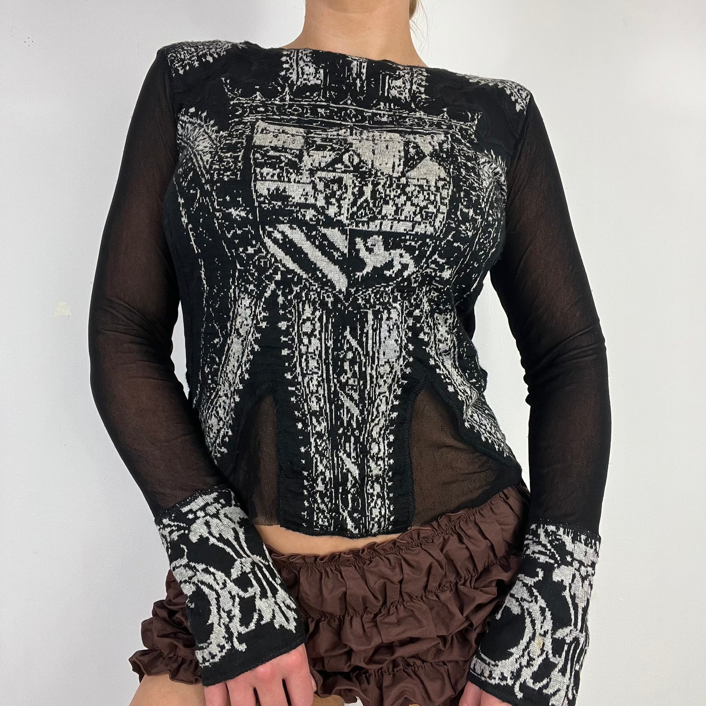 00s black knit mesh graphic long sleeve top - Size S