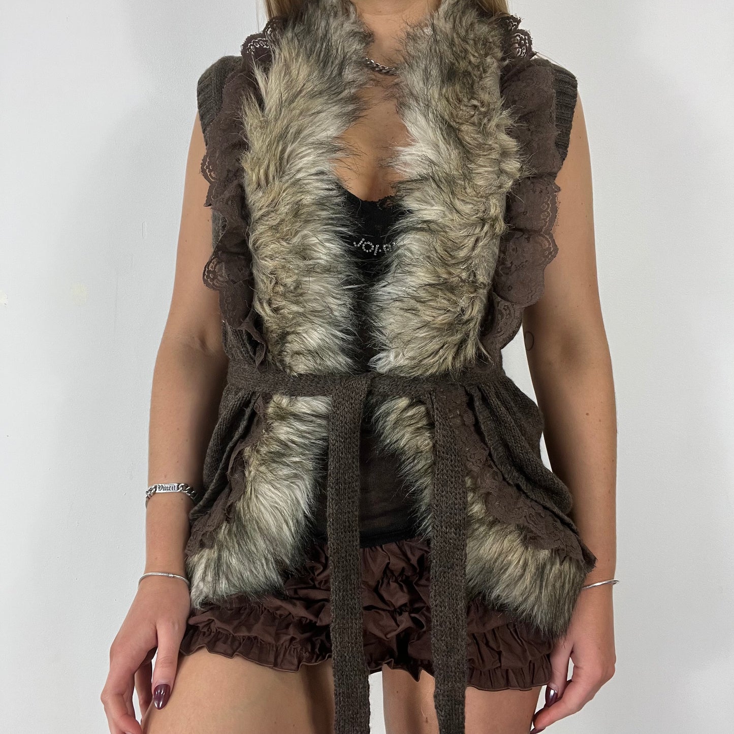 90s fur lace trim tie gilet - Size S/M