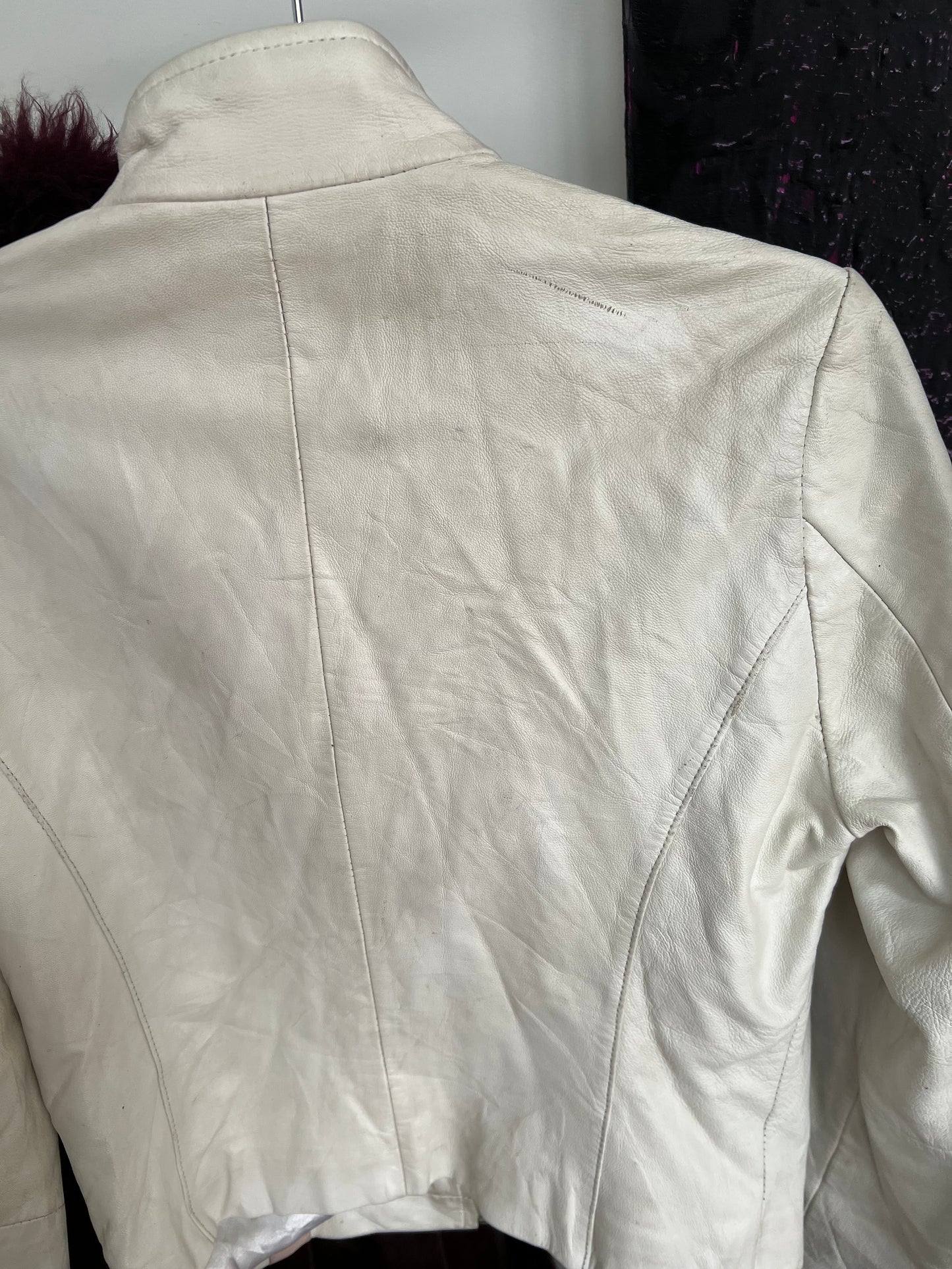 90s vintage white pink real leather racing jacket - Size S/M