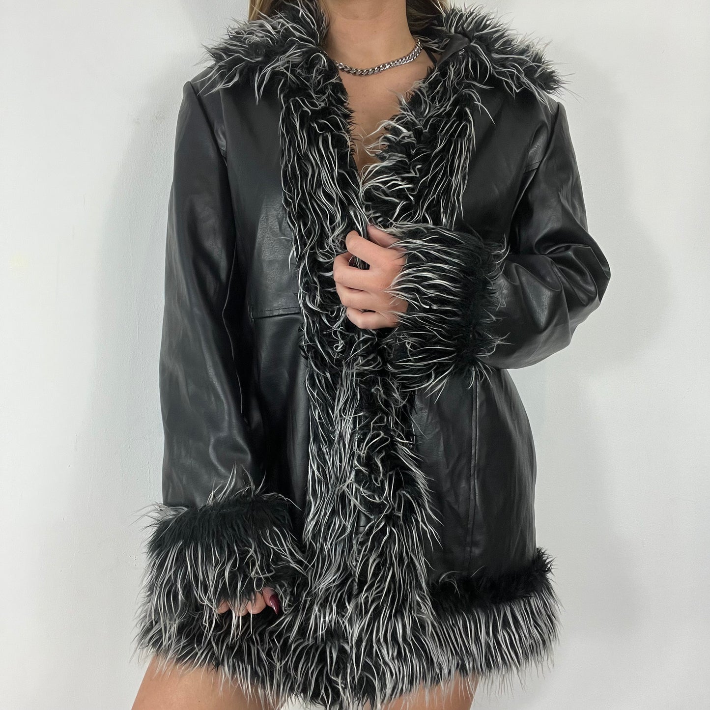 Vintage y2k leather fur trim afghan coat - Size L